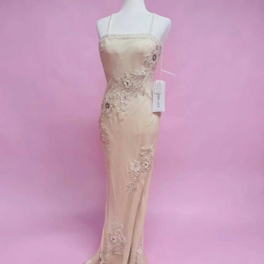 Lo Adoro Elegant Champagne/Sand Colored Embroidered Spaghetti-Strap Gown - Picture 5 of 10